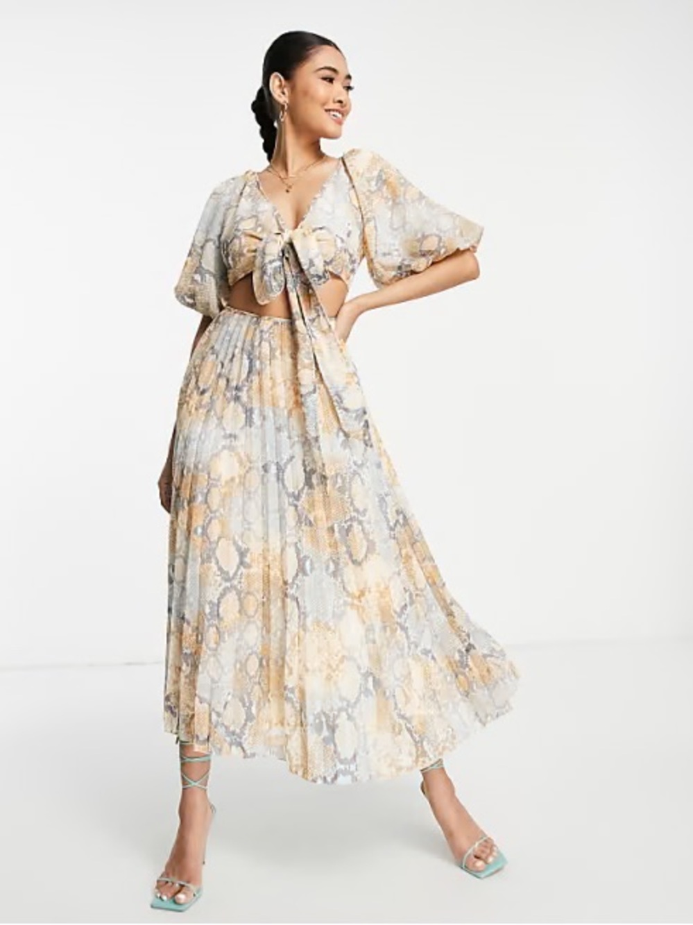 ASOS DESIGN tie front pleated midi dress in snake print